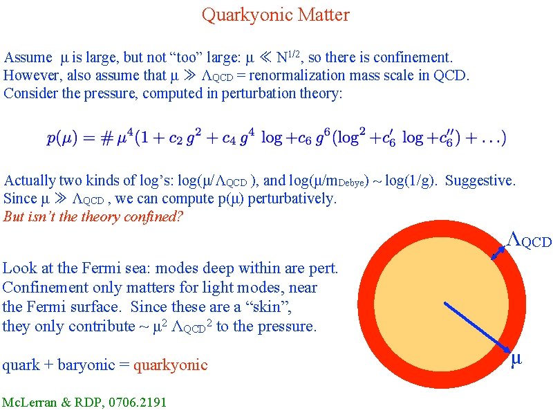 Quarkyonic Matter Assume μ is large, but not “too” large: μ ≪ N 1/2,