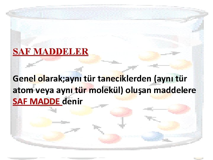 SAF MADDELER Genel olarak; aynı tür taneciklerden (aynı tür atom veya aynı tür molekül)