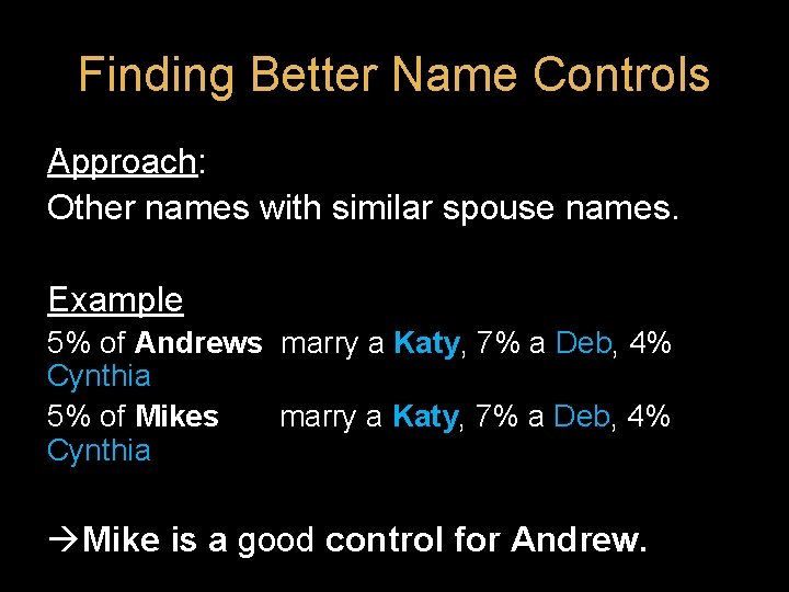 Finding Better Name Controls Approach: Other names with similar spouse names. Example 5% of Finding Better Name Controls Approach: Other names with similar spouse names. Example 5% of