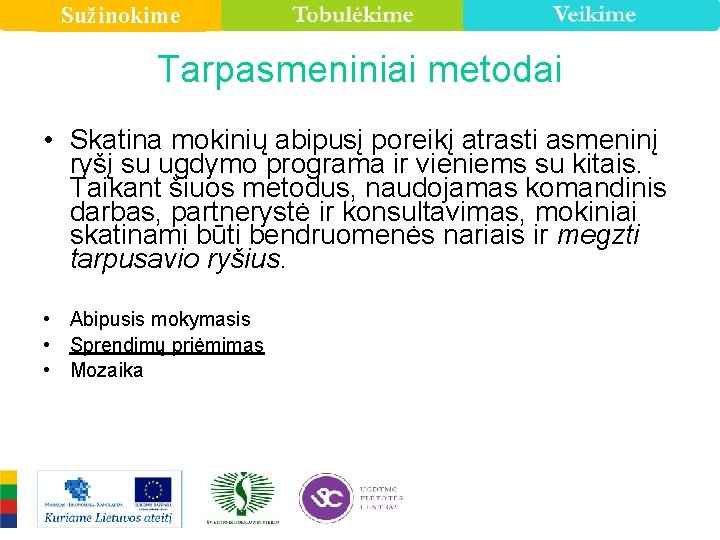 Sužinokime Tarpasmeniniai metodai • Skatina mokinių abipusį poreikį atrasti asmeninį ryšį su ugdymo programa