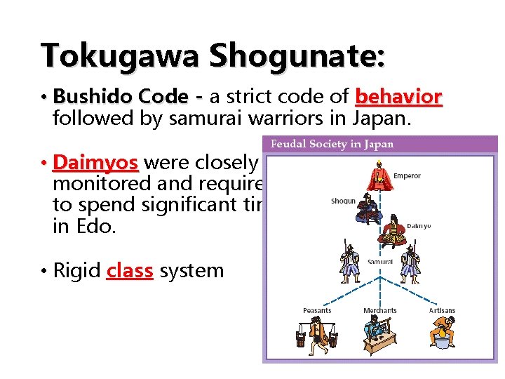 Tokugawa Shogunate: • Bushido Code - a strict code of behavior followed by samurai