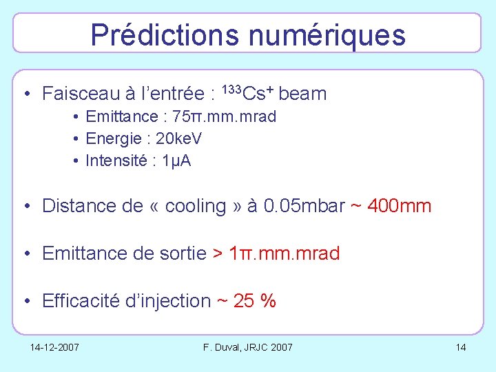 Prédictions numériques • Faisceau à l’entrée : 133 Cs+ beam • Emittance : 75π.