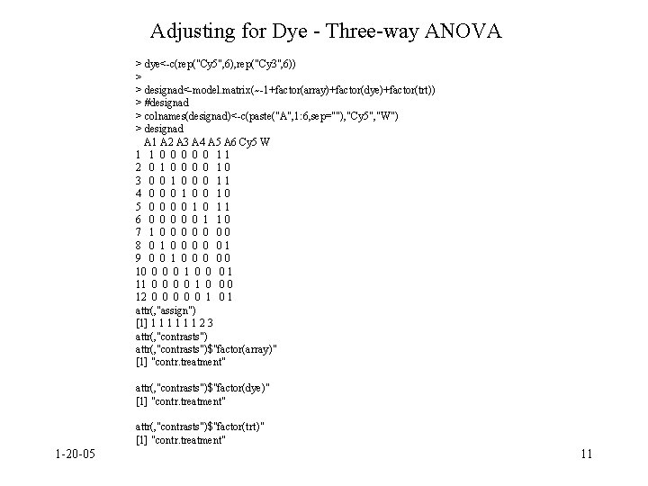 Adjusting for Dye - Three-way ANOVA > dye<-c(rep("Cy 5", 6), rep("Cy 3", 6)) >