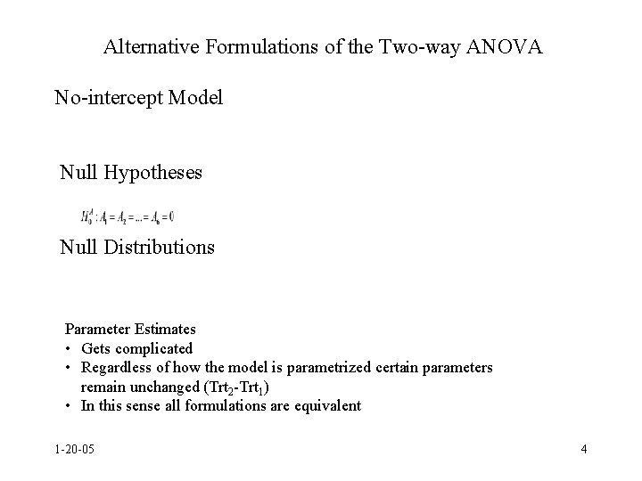 Alternative Formulations of the Two-way ANOVA No-intercept Model Null Hypotheses Null Distributions Parameter Estimates