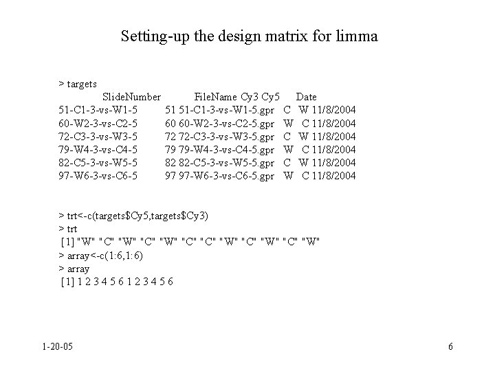 Setting-up the design matrix for limma > targets Slide. Number 51 -C 1 -3