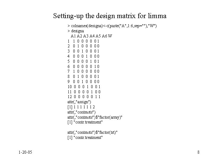 Setting-up the design matrix for limma > colnames(designa)<-c(paste("A", 1: 6, sep=""), "W") > designa