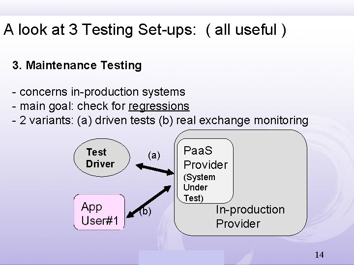 A look at 3 Testing Set-ups: ( all useful ) 3. Maintenance Testing -
