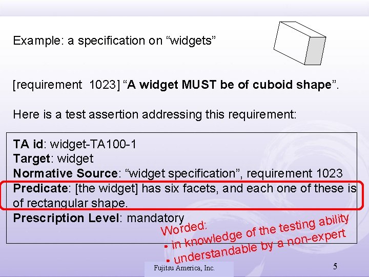 Example: a specification on “widgets” [requirement 1023] “A widget MUST be of cuboid shape”.