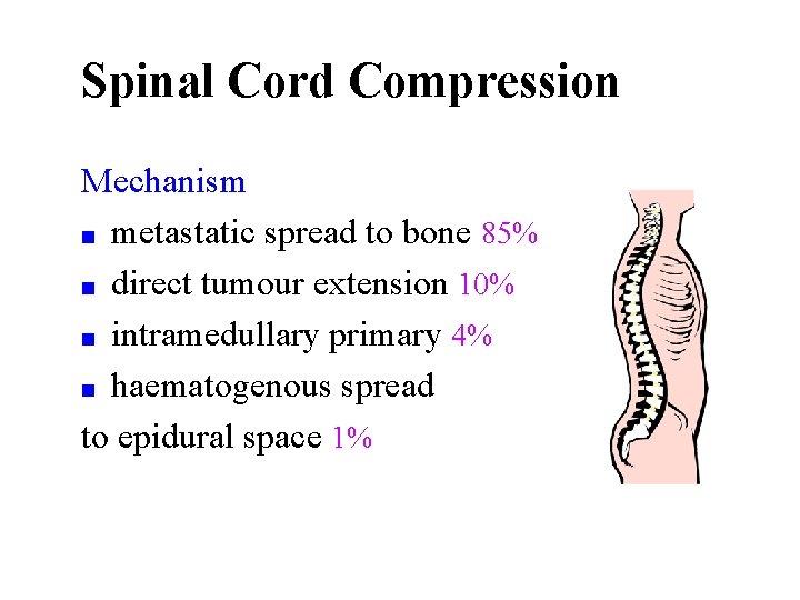 Spinal Cord Compression Mechanism ■ metastatic spread to bone 85% ■ direct tumour extension