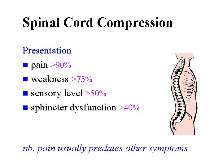 Spinal Cord Compression Presentation n pain >90% n weakness >75% n sensory level >50%