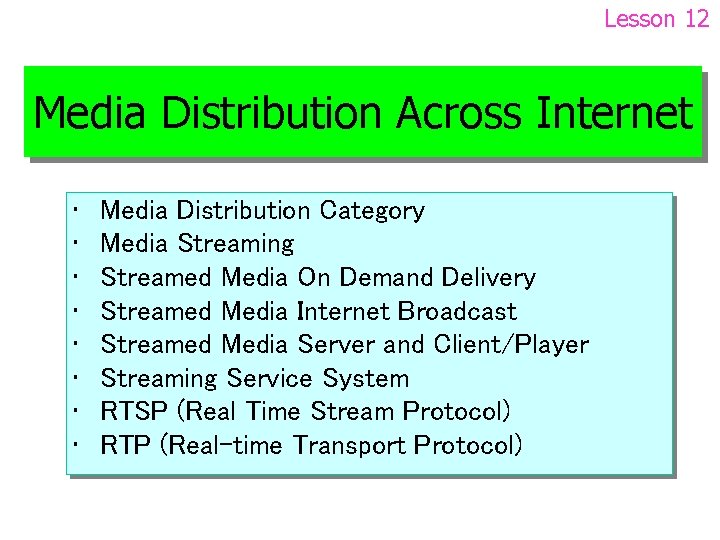 Lesson 12 Media Distribution Across Internet • • Media Distribution Category Media Streaming Streamed
