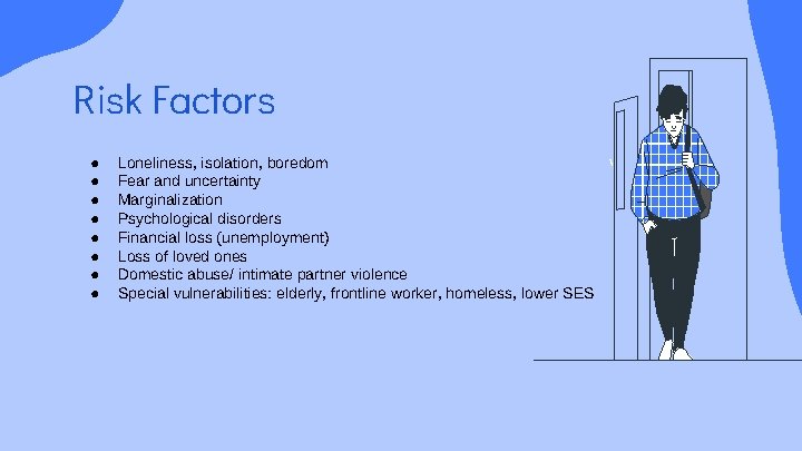 Risk Factors ● ● ● ● Loneliness, isolation, boredom Fear and uncertainty Marginalization Psychological
