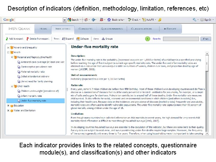 Description of indicators (definition, methodology, limitation, references, etc) Each indicator provides links to the