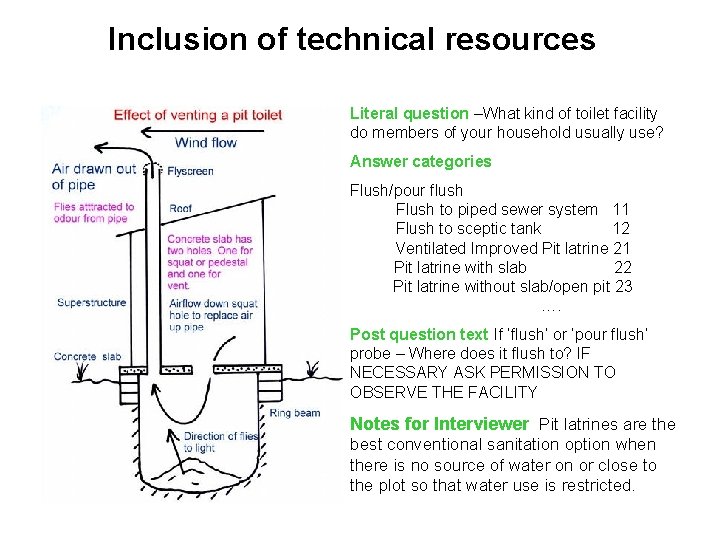 Inclusion of technical resources Literal question –What kind of toilet facility do members of