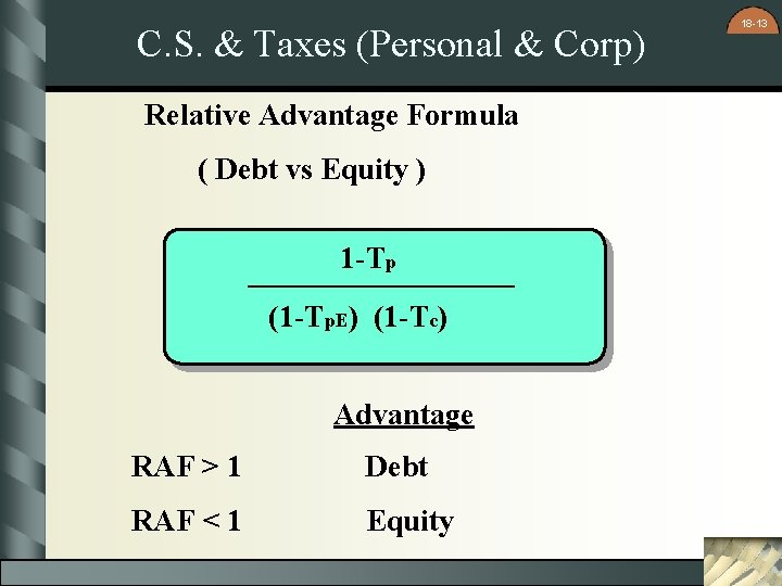 C. S. & Taxes (Personal & Corp) Relative Advantage Formula ( Debt vs Equity