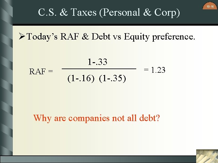 C. S. & Taxes (Personal & Corp) ØToday’s RAF & Debt vs Equity preference.