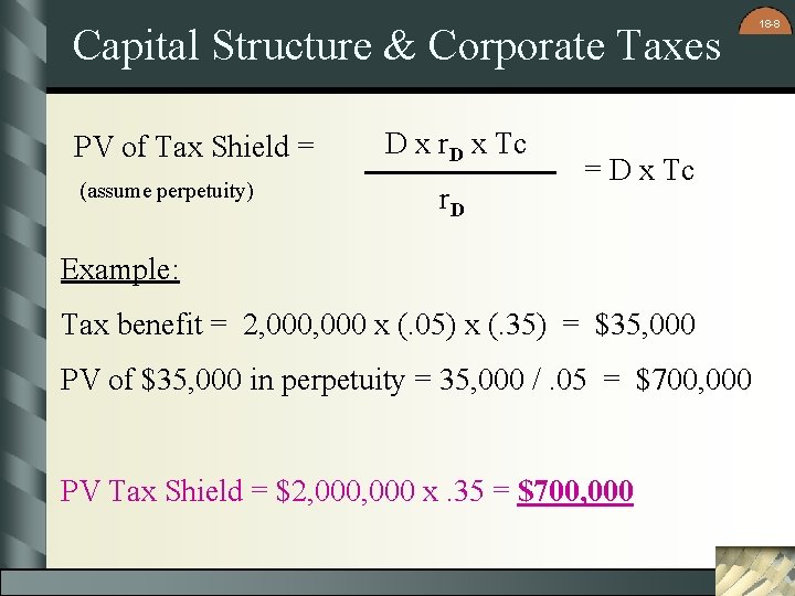 Capital Structure & Corporate Taxes PV of Tax Shield = (assume perpetuity) D x