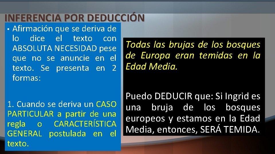 INFERENCIA POR DEDUCCIÓN • Afirmación que se deriva de lo dice el texto con