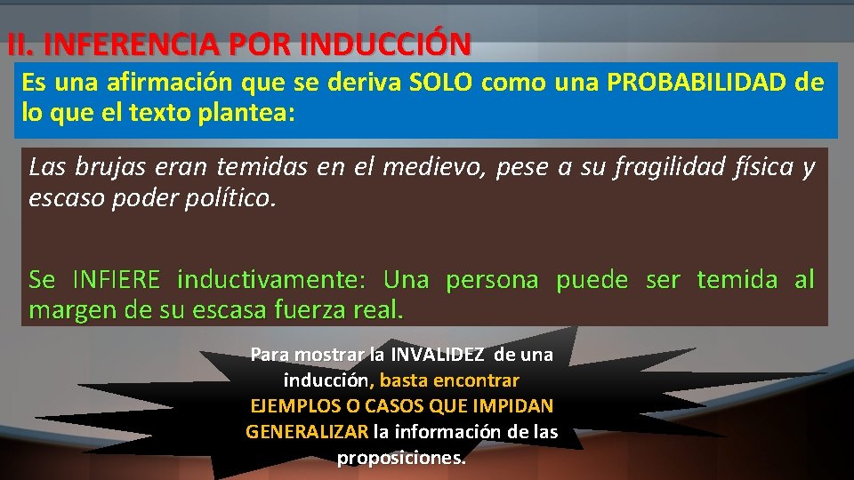 II. INFERENCIA POR INDUCCIÓN Es una afirmación que se deriva SOLO como una PROBABILIDAD