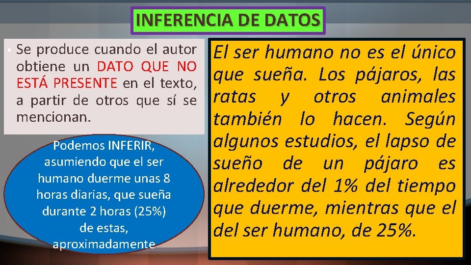 INFERENCIA DE DATOS • Se produce cuando el autor obtiene un DATO QUE NO