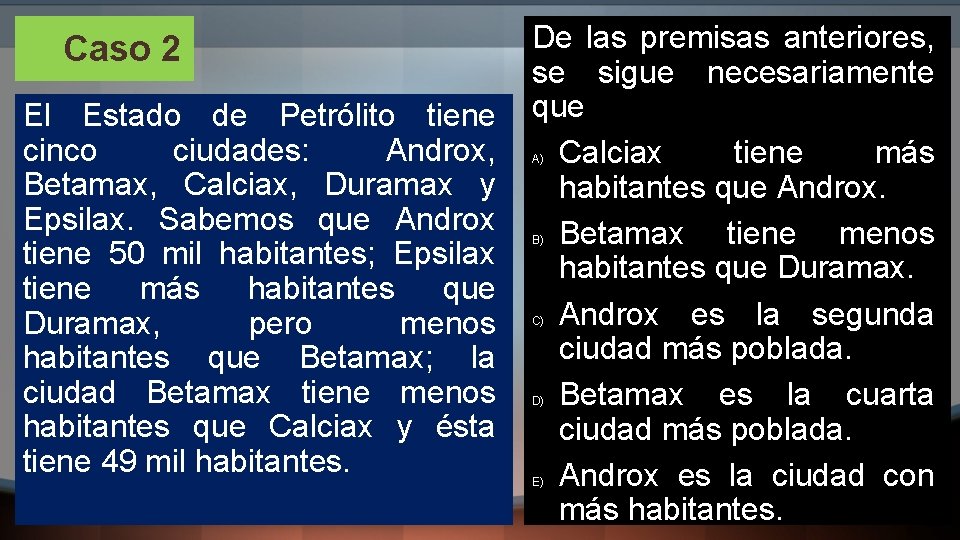 Caso 2 El Estado de Petrólito tiene cinco ciudades: Androx, Betamax, Calciax, Duramax y