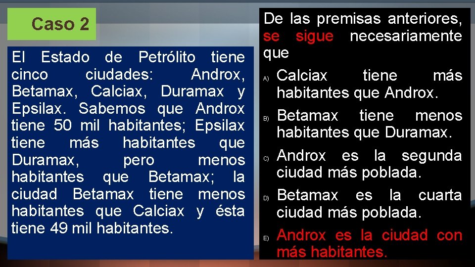 Caso 2 El Estado de Petrólito tiene cinco ciudades: Androx, Betamax, Calciax, Duramax y