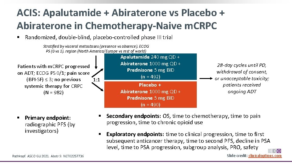 ACIS: Apalutamide + Abiraterone vs Placebo + Abiraterone in Chemotherapy-Naive m. CRPC § Randomized,