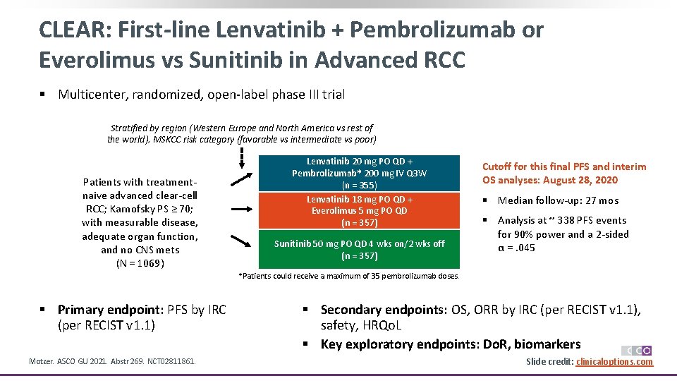 CLEAR: First-line Lenvatinib + Pembrolizumab or Everolimus vs Sunitinib in Advanced RCC § Multicenter,