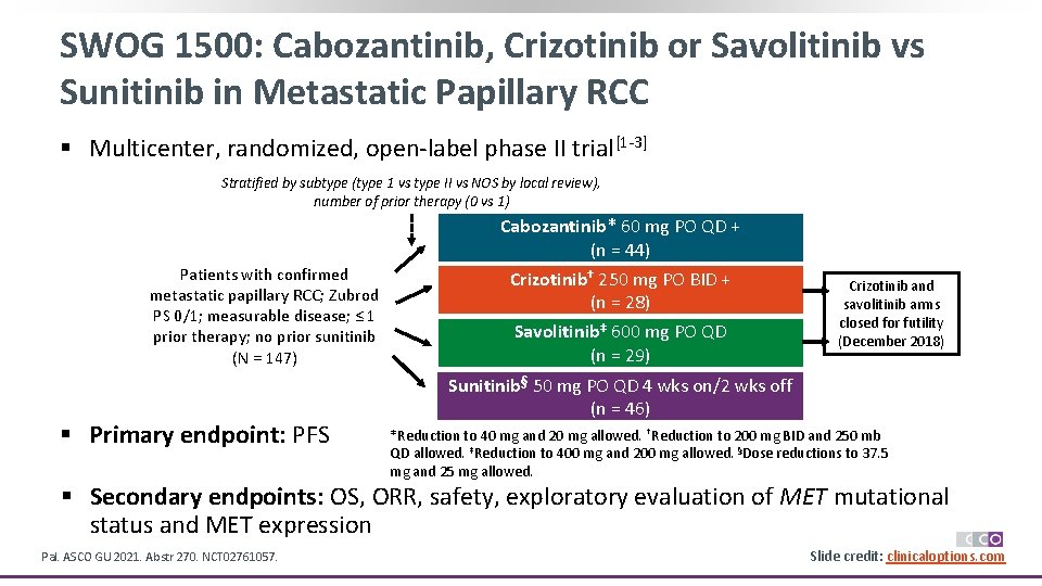 SWOG 1500: Cabozantinib, Crizotinib or Savolitinib vs Sunitinib in Metastatic Papillary RCC § Multicenter,