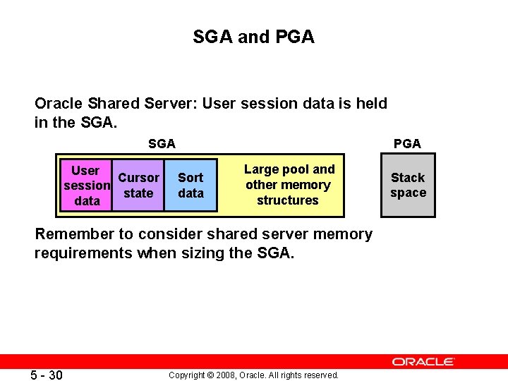 SGA and PGA Oracle Shared Server: User session data is held in the SGA