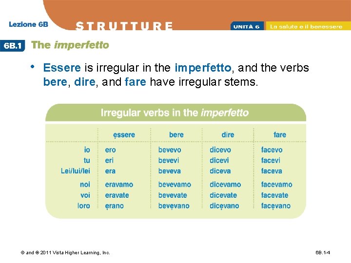  • Essere is irregular in the imperfetto, and the verbs bere, dire, and