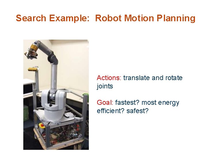 Search Example: Robot Motion Planning Actions: translate and rotate joints Goal: fastest? most energy