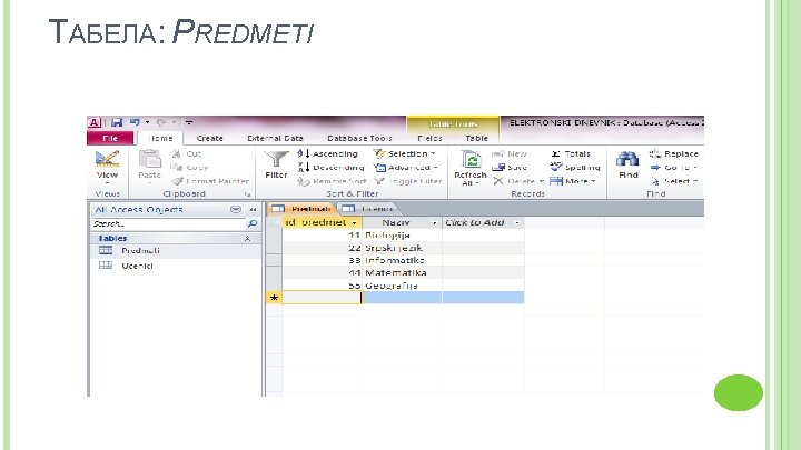 ТАБЕЛА: PREDMETI 