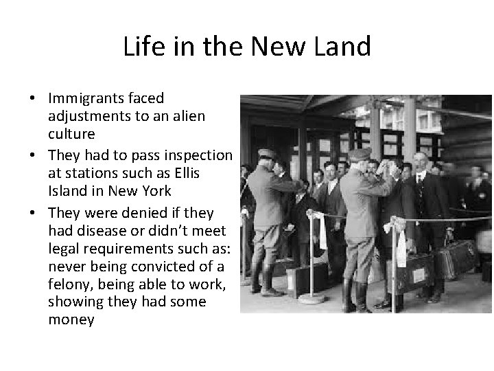 Life in the New Land • Immigrants faced adjustments to an alien culture •