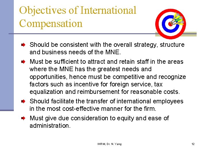 Objectives of International Compensation Should be consistent with the overall strategy, structure and business Objectives of International Compensation Should be consistent with the overall strategy, structure and business