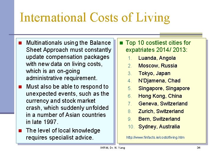 International Costs of Living n Multinationals using the Balance n Top 10 costliest cities International Costs of Living n Multinationals using the Balance n Top 10 costliest cities