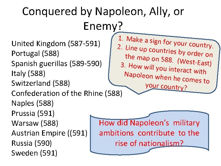 Conquered by Napoleon, Ally, or Enemy? 1. Make a sign for your countr y. Conquered by Napoleon, Ally, or Enemy? 1. Make a sign for your countr y.