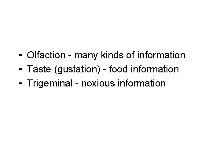  • Olfaction - many kinds of information • Taste (gustation) - food information