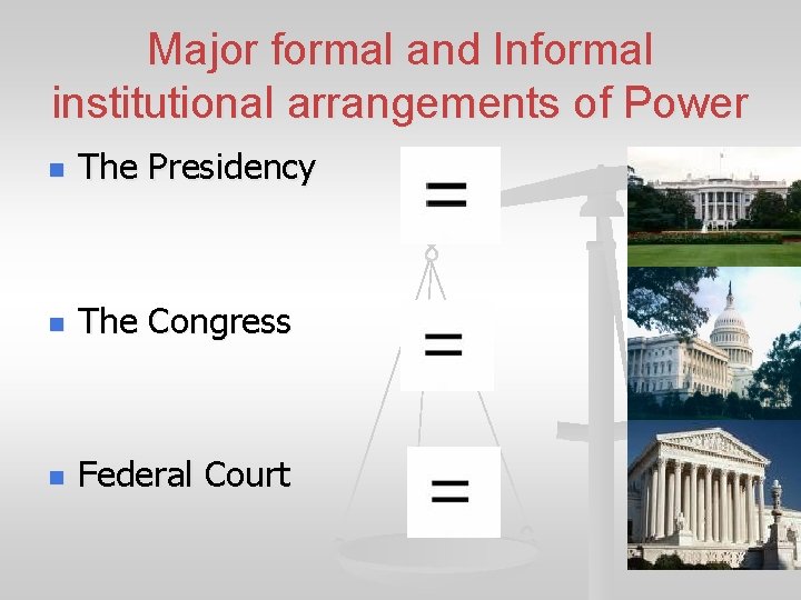 Major formal and Informal institutional arrangements of Power n The Presidency n The Congress