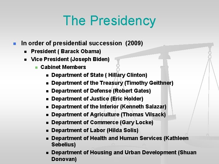 The Presidency n In order of presidential succession (2009) n n President ( Barack