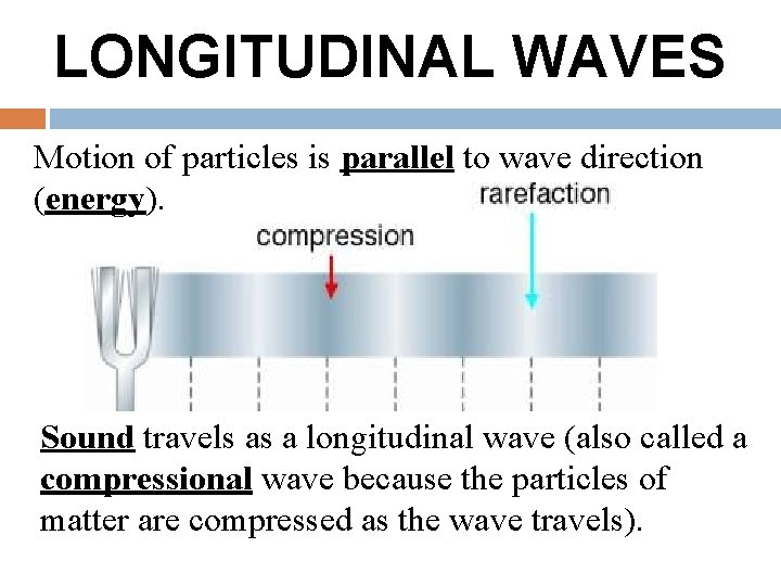 LONGITUDINAL WAVES Motion of particles is parallel to wave direction (energy). Sound travels as LONGITUDINAL WAVES Motion of particles is parallel to wave direction (energy). Sound travels as