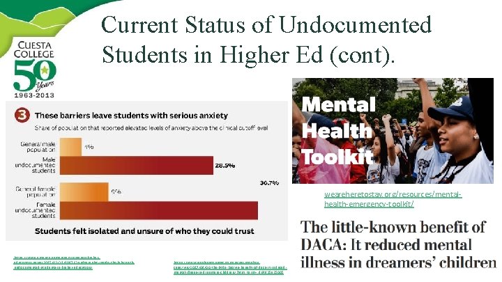 Current Status of Undocumented Students in Higher Ed (cont). weareheretostay. org/resources/mentalhealth-emergency-toolkit/ https: //www. americanprogress.