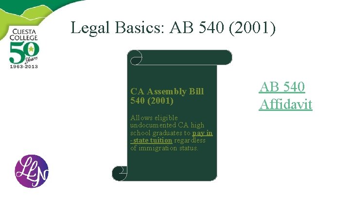 Legal Basics: AB 540 (2001) CA Assembly Bill 540 (2001) Allows eligible undocumented CA
