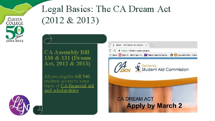 Legal Basics: The CA Dream Act (2012 & 2013) CA Assembly Bill 130 &