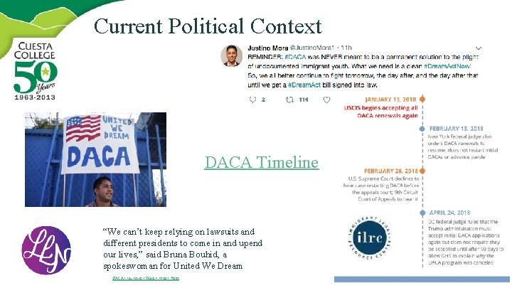 Current Political Context DACA Timeline “We can’t keep relying on lawsuits and different presidents