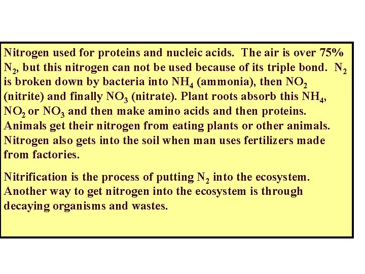 Nitrogen used for proteins and nucleic acids. The air is over 75% N 2,