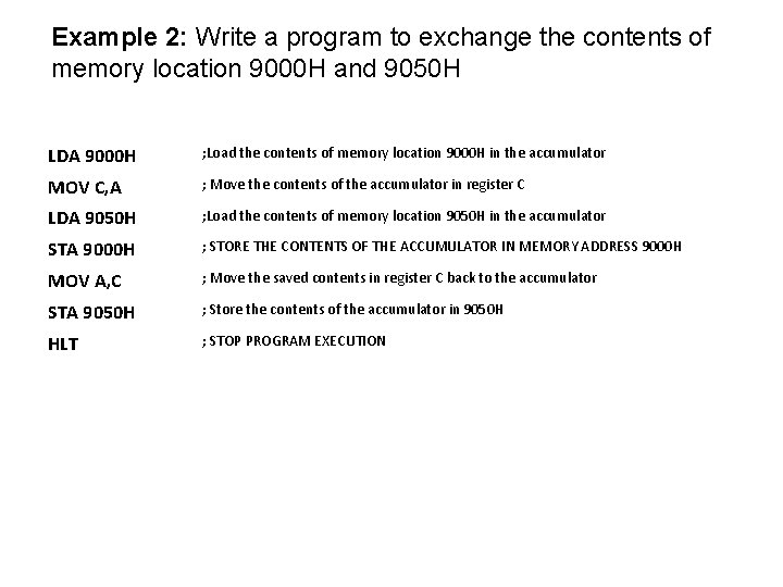 Example 2: Write a program to exchange the contents of memory location 9000 H