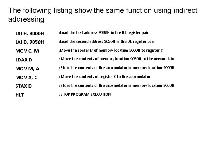 The following listing show the same function using indirect addressing LXI H, 9000 H