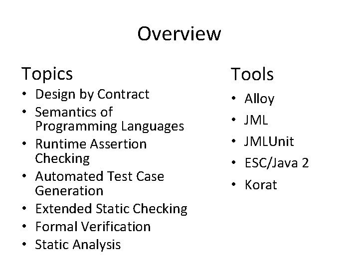 Overview Topics • Design by Contract • Semantics of Programming Languages • Runtime Assertion