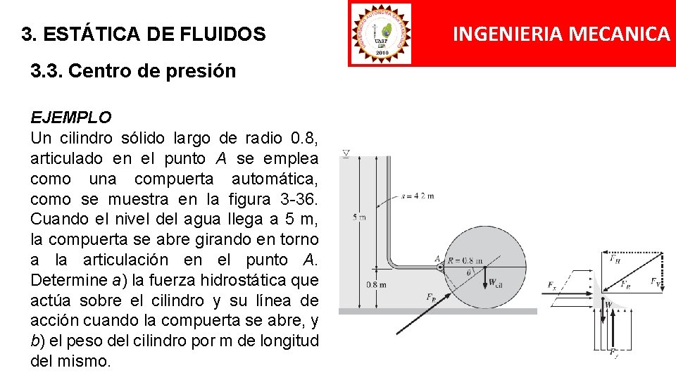 3. ESTÁTICA DE FLUIDOS 3. 3. Centro de presión EJEMPLO Un cilindro sólido largo